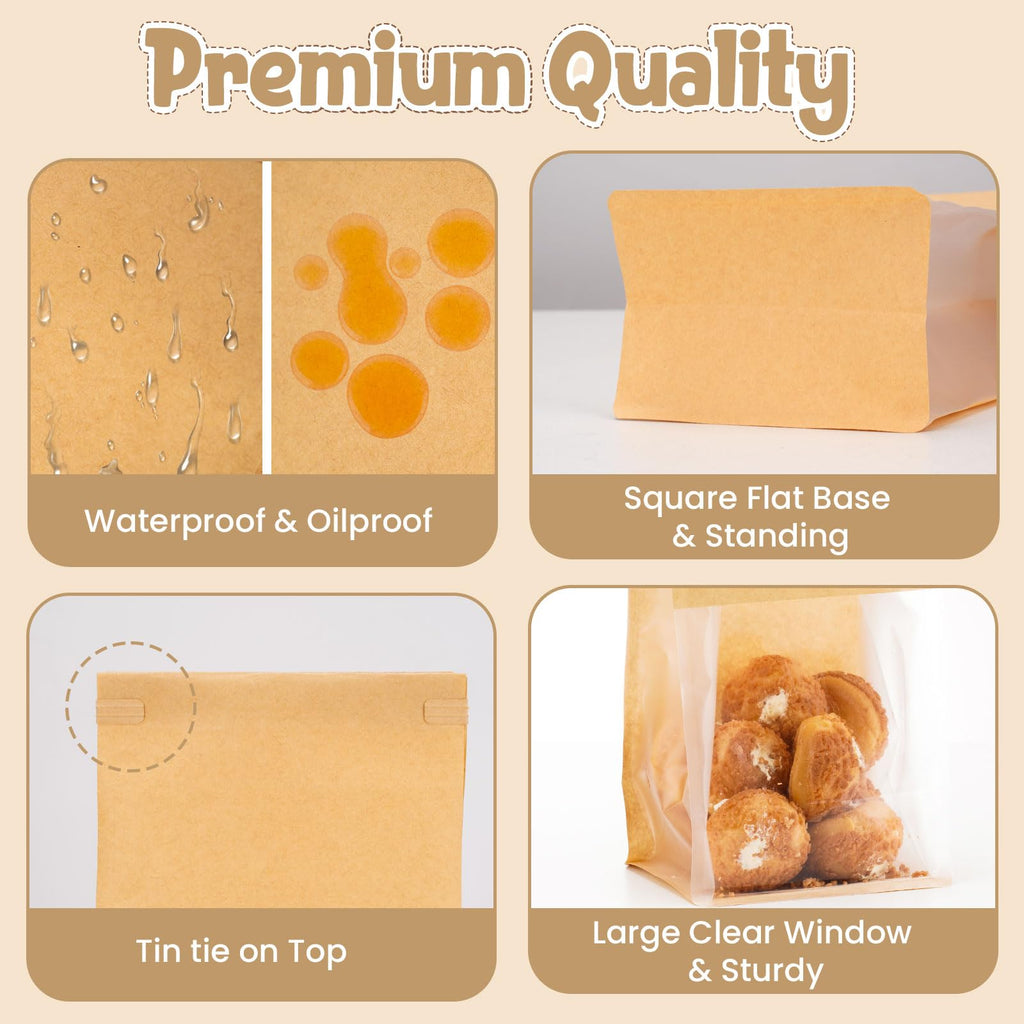 HONKID Bread and Cookie Bags with Seal, 50 Pack 11 x 5.1 x 3.9 Inches Bakery Bags with Window Reusable Tin Tie Tab Lock for Sealed Baked Goods Packaging for Pastry Bagels Breads Treats Cookies Brown