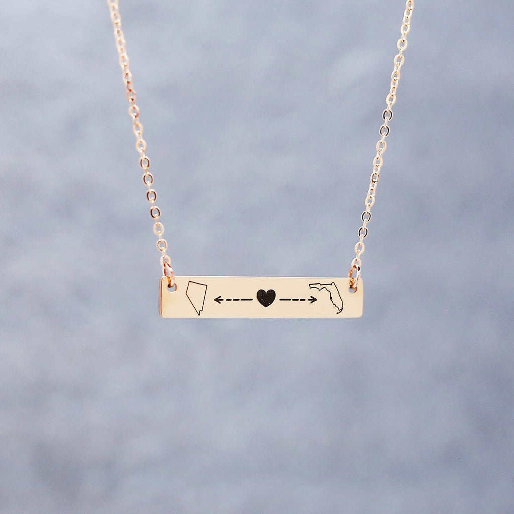Personalized Long Distance Necklace Custom State Country Engraved Bar Pendant Stainless Steel Adjustable Cable Chain Jewelry for Couples Family Friends Deployment Relationship Keepsake
