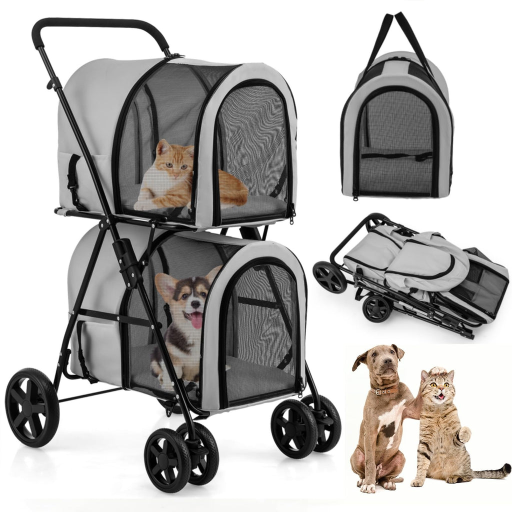 HAPPAWS Dog Stroller with 2 Detachable Carrier, Pet Stroller for Small Medium Dogs Cats, Jogger/Travel/Camping, 4-in-1 Doggy Pet Carrier, Carrier Strolling Cart with Lockable Wheels (Gray)