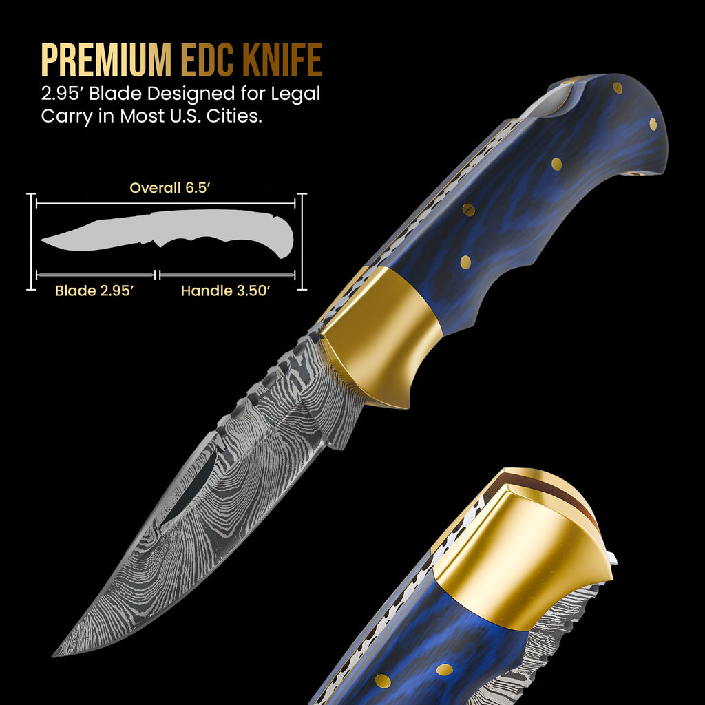 Damascus Pocket Knife for Men Comes with Leather Sheath & Sharpening Rod