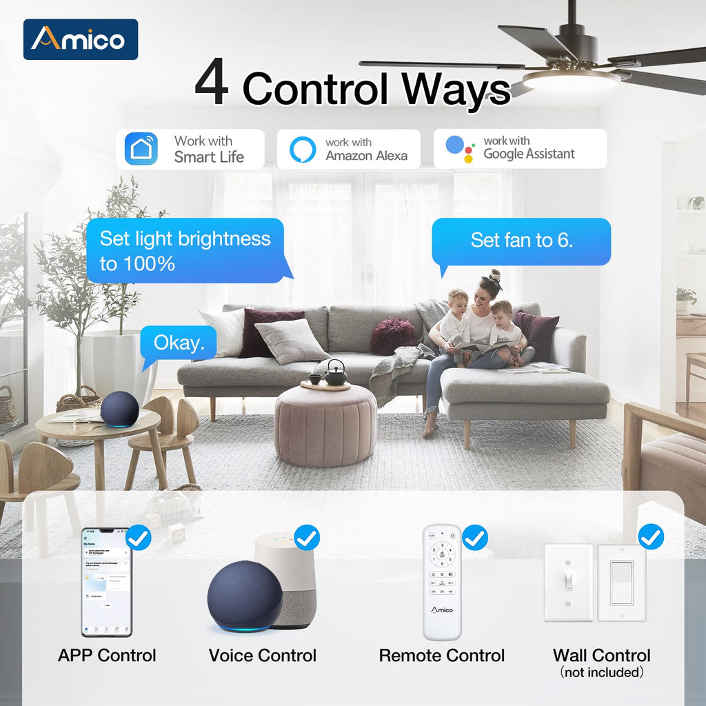 Amico 52 Inch Smart Ceiling Fans with Lights, Downrod Mount, WiFi, Black