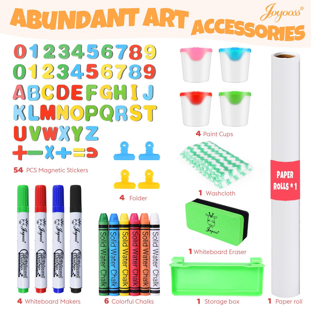 JOYOOSS Kids Wooden Easel with Paper Roll - Adjustable Magnetic Double Sided Drawing Board Whiteboard & Chalkboard Dry Easel Board,Children Art Easel for 3~12 Years Kids Boys Girls Painting Drawing