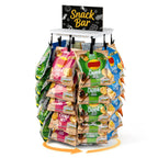 PUERSI Wooden Chip Rack Display Stand, 5 Tiers 40 Clips Rotating Snack Rack for Office Countertop, Snack Organizer Chip Storage Candy Display for Concession, Party, Retail, with Message Board - White