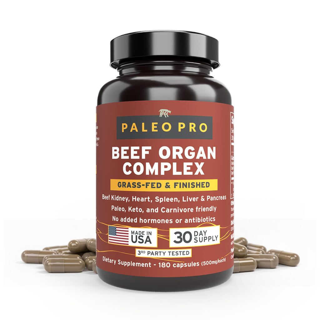 Paleo Pro O.G. Blend Premium Beef Organs Capsules, Kidney, Heart, Liver, Spleen and Pancreas from Grass Fed & Pastured Cows, Dietary Supplement, No GMO, 180 Capsules (Beef Organ Complex)