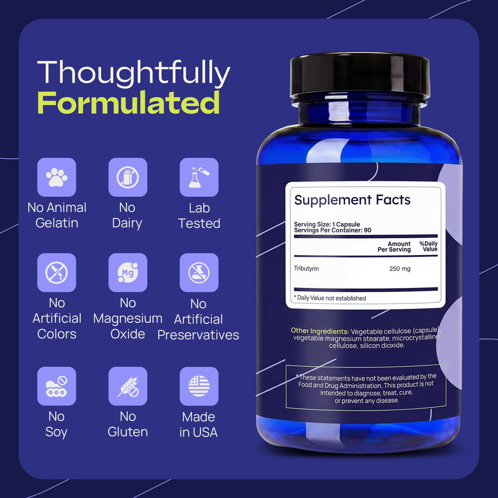 Stacked Science Tributyrin 250mg Supplement | Postbiotic Gut & Digestive Support | Short-Chain Fatty Acid Formula | Single Ingredient | 90 Capsules | Adult Daily Supplement