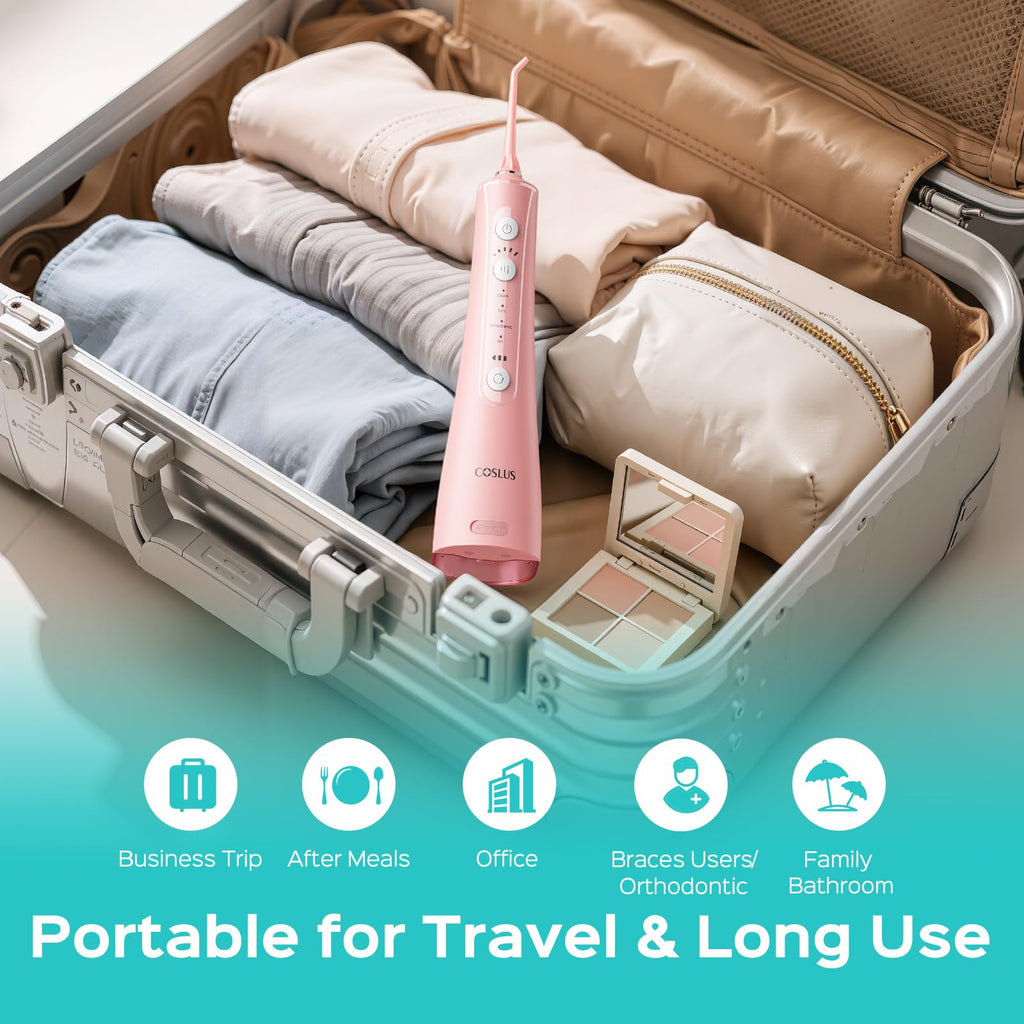 COSLUS C50 Portable Water Flosser for Teeth: 4 Modes & 5 Intensity Levels Professional Electric Dental Pick for Sensitive Gums, Braces & Orthodontic - Cordless for Travel Use, BPA-Free, ADA Accepted