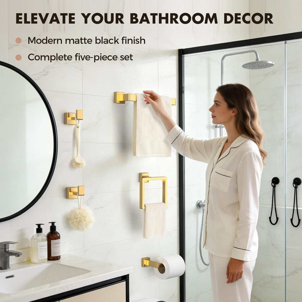 Bathroom Accessory Towel Bar Set: 15 Pieces Gold Bathroom Hardware Square SUS304 Stainless Steel - Wall Mounted Towel Rack&Toilet Paper Holder&Towel Ring and Towel Hook