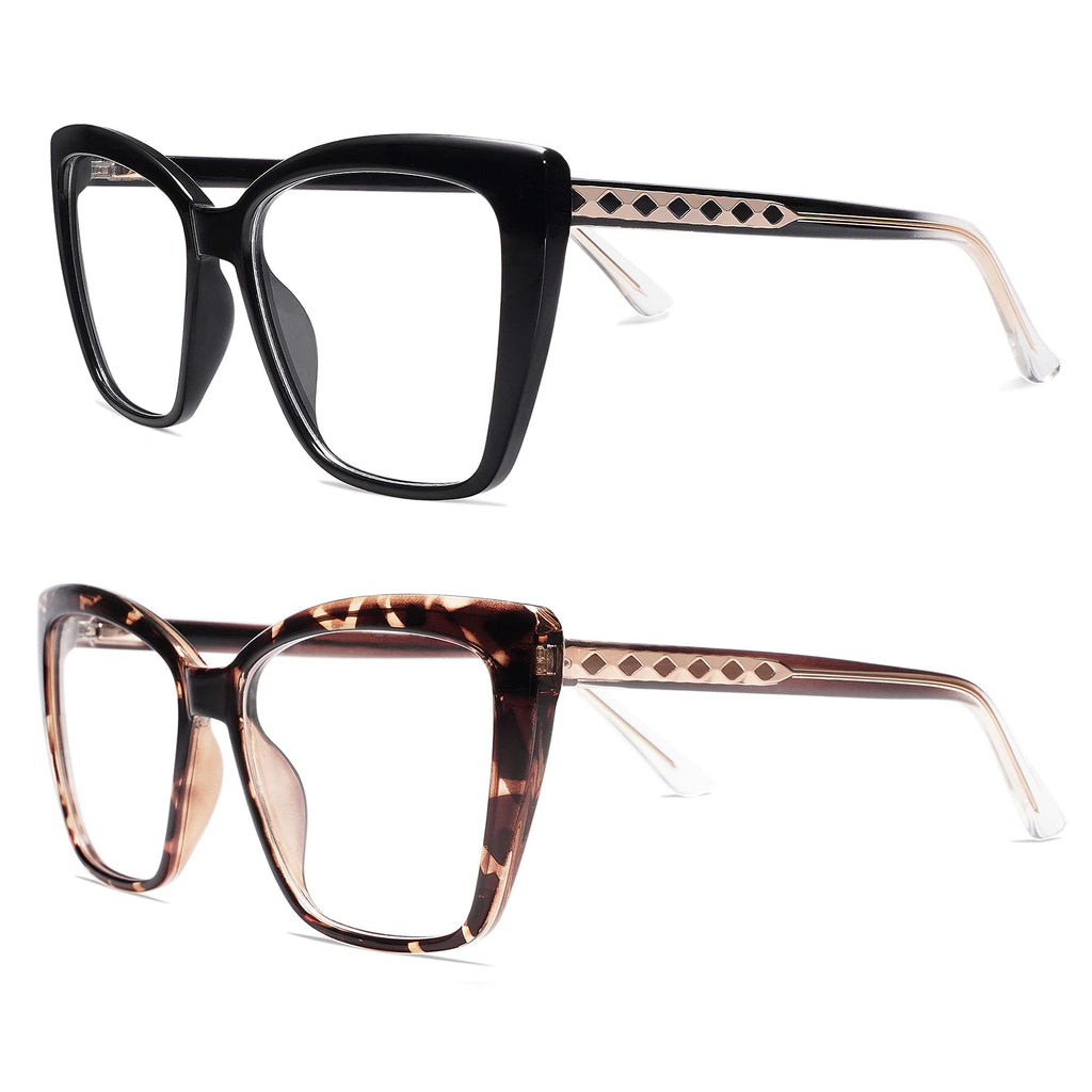 AMOMOMA Trendy TR90 Oversized Blue Light Reading Glasses Women,Stylish Square Cat Eye Glasses AM6031 C1+C6 0.0 x