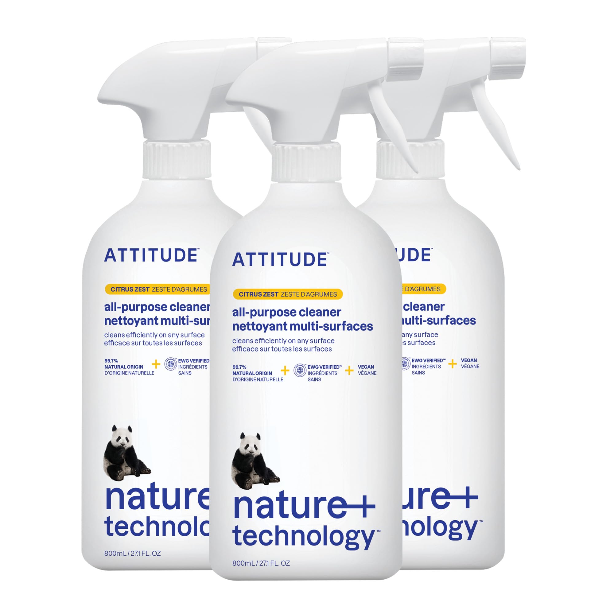 ATTITUDE All Purpose Cleaner Spray, EWG Verified, Vegan, Made with 94% Plant-Based Ingredients, Streak-Free for Kitchen, Bathroom, Glass & More, Citrus Zest, 27.1 Fl Oz (Pack of 3)