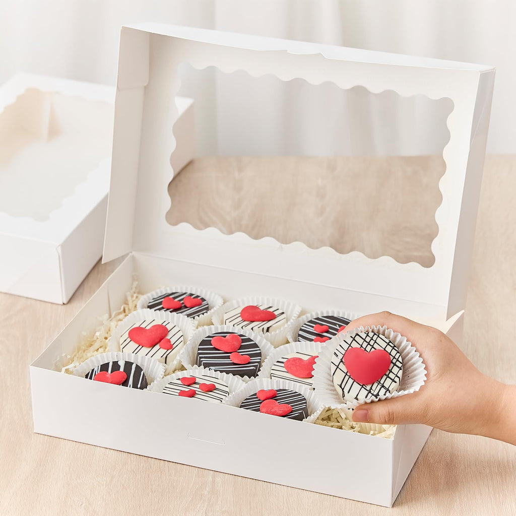 Kucoele 20 PCS Bakery Boxes with Window, 12 x 8 x 2.5 Inches Pastry Boxes Auto-Popup Treat Boxes for Chocolate Covered Strawberries, Cookies, Muffins, Donuts, Breakable Hearts