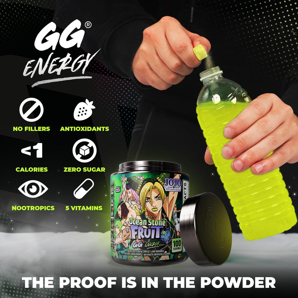 Gamer Supps GG Energy - JoJo's Ocean Stone Fruit (100 Servings) - Keto Friendly Gaming Energy and Nootropic Blend, Sugar Free + Caffeine + Vitamins + Immune Support, Powder Drink