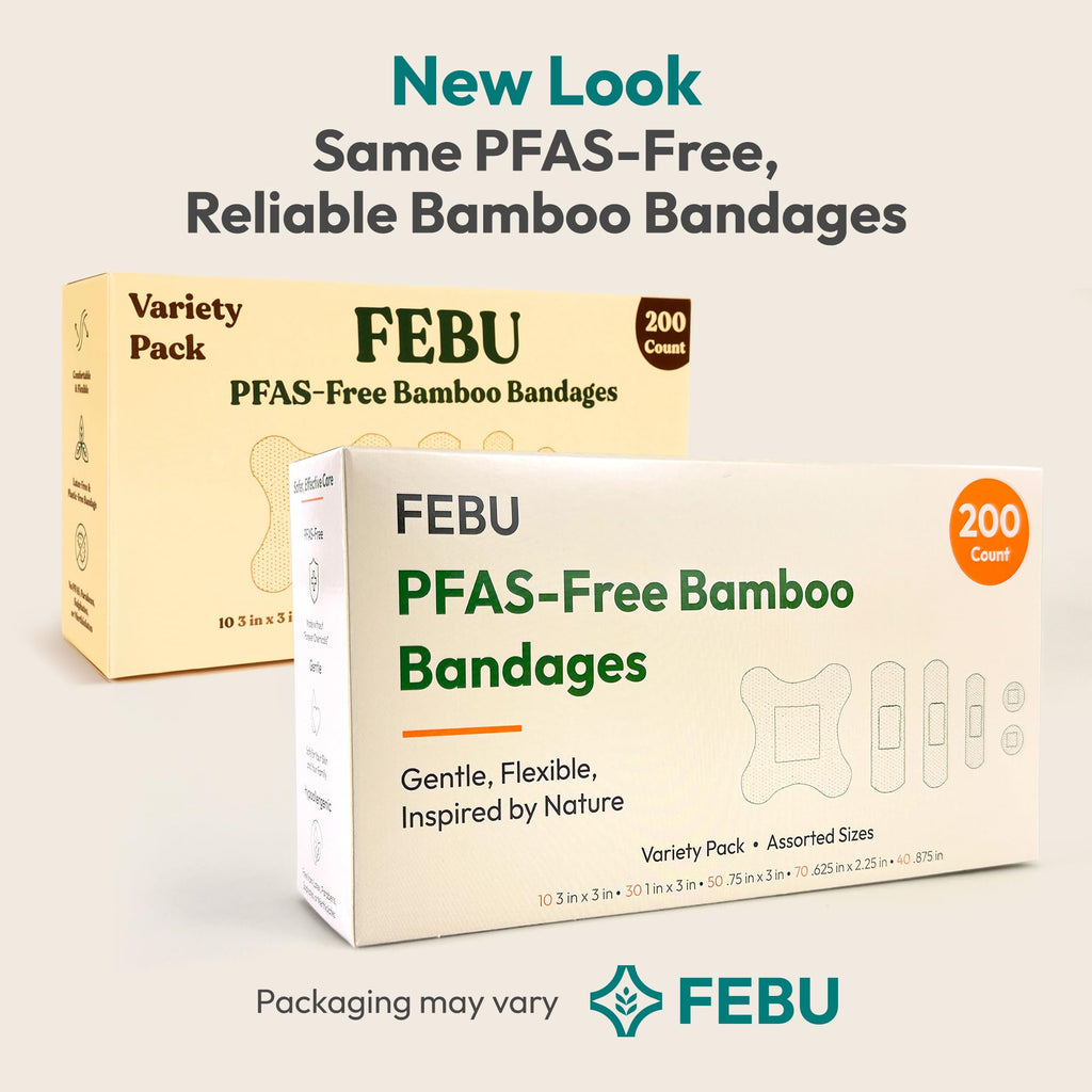 FEBU Eco-Friendly Bamboo Fabric Bandages | PFAS Free Bandages for Scrapes & Cuts | Flexible Fabric Bandage | Fully Compostable, Latex Free Bandage | 200 Count Bulk Variety