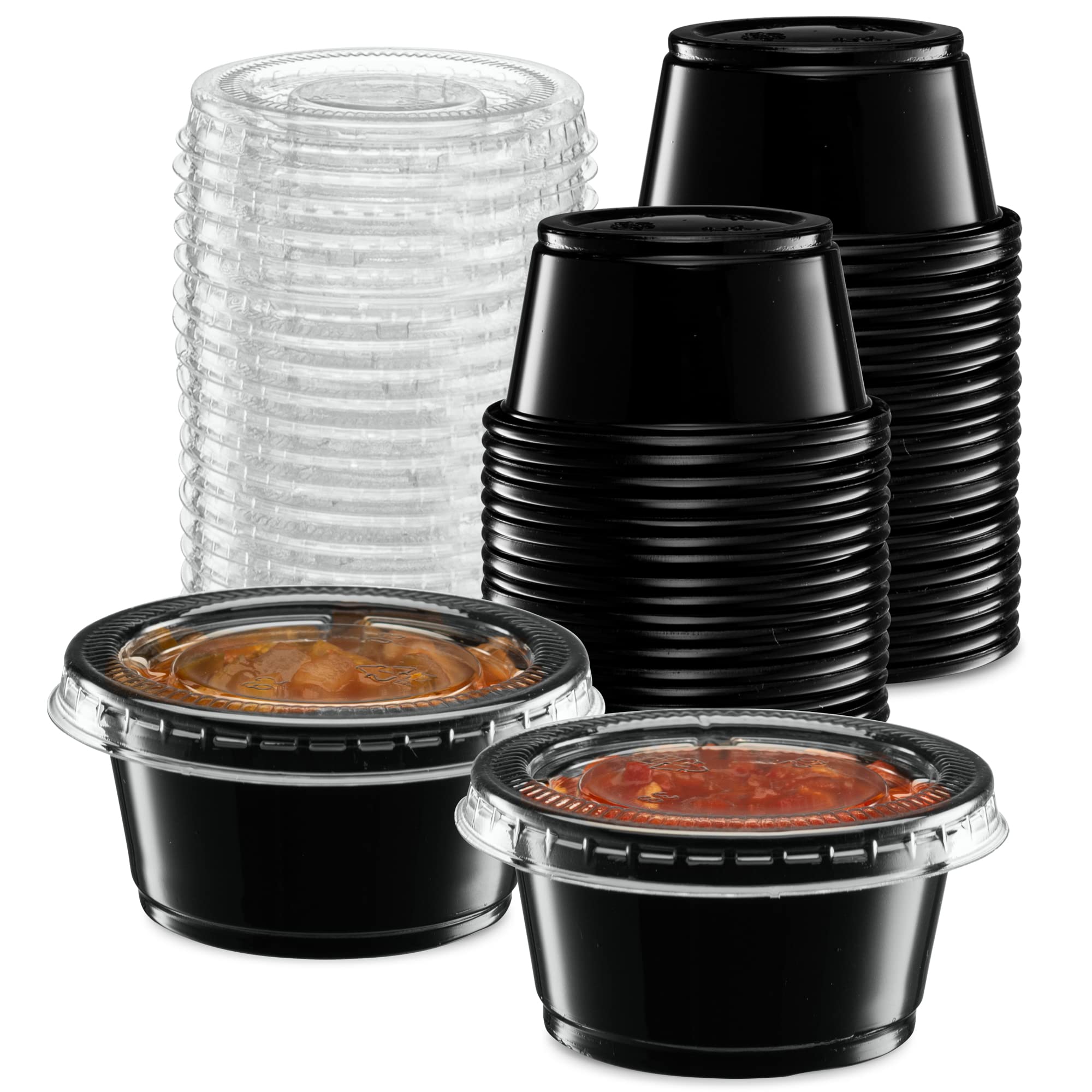 2 oz - Black Diposable Plastic Portion Cups With Lids, Small Mini 100 Sets