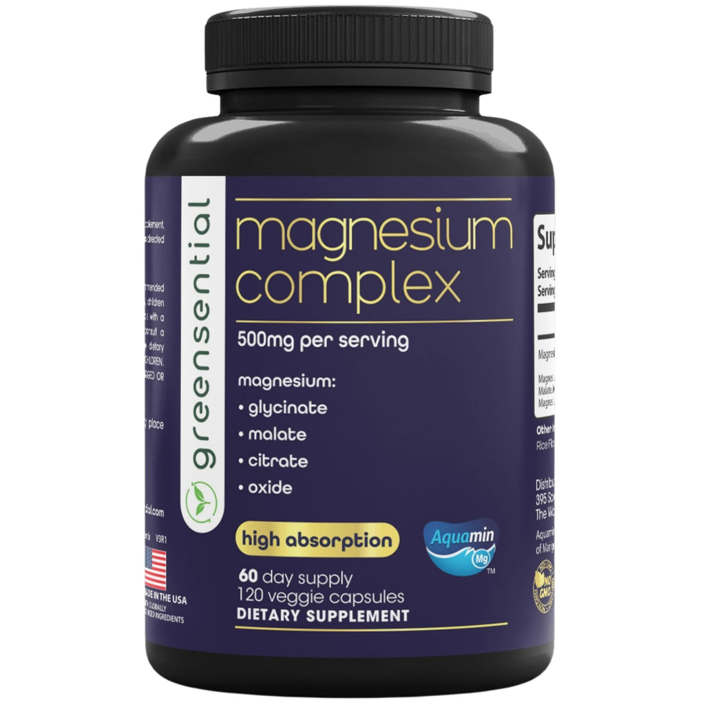 Greensential 5-in-1 Magnesium Complex 500mg | 2-Month Supply | Glycinate, Citrate, Malate, Oxide & Aquamin® | for Sleep, Muscle & Heart Support | High Absorption, 120 Capsules