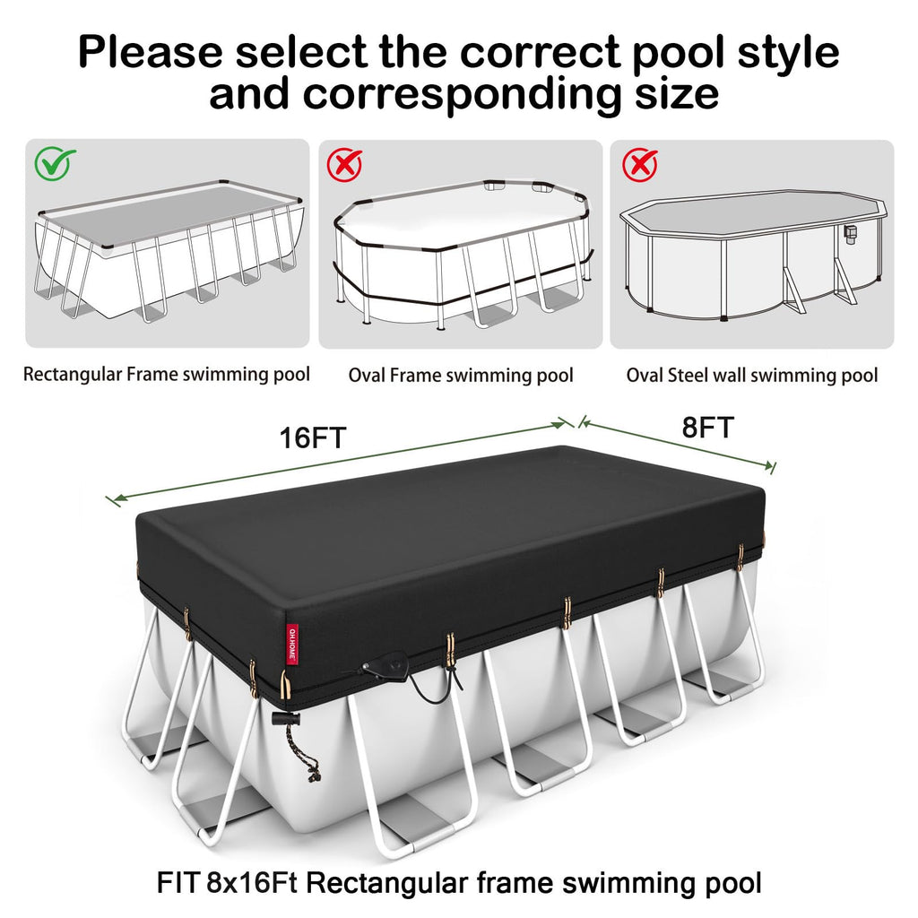 QH.HOME 8x16ft Rectangular Pool Cover,[Ultimate Windproof & Tear-Resistant Fabric],Snug Fit with Patented Ratchet & Weight Rings,Solar Pool Cover for Above Ground Pools, Blocks Leaves &Waterproof