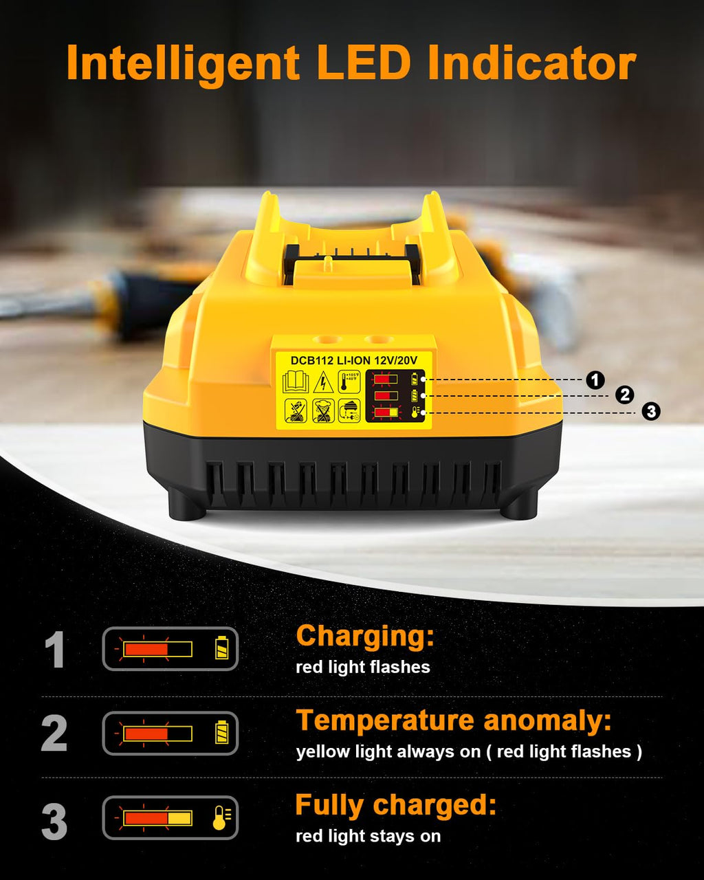 Ruzixt DCB112 Charger Replacement for Dewalt Battery Charger Compatible with Dewalt 12V 20V Max Battery DCB201 DCB204 DCB205 DCB206 DCB120 DCB127 DCB112 DCB115 DCB118 DCB107 DCB105 DCB102 (Yellow)