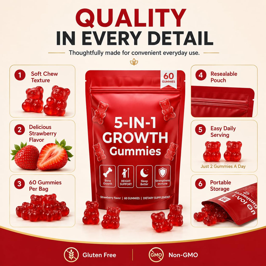 BERSEG 5-in-1 Growth Gummies, Supports Natural Height & Bone Development with Essential Amino Acids & D3, K2, Delicious Strawberry Flavor, 60-Count
