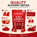 BERSEG 5-in-1 Growth Gummies, Supports Natural Height & Bone Development with Essential Amino Acids & D3, K2, Delicious Strawberry Flavor, 60-Count