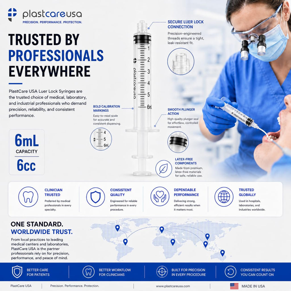 100 6ml Luer Lock Syringe without Needle, Disposable Luer Slip Tip Syringes - Non-Sterile, Latex-Free Plastic Dispenser by PlastCare USA