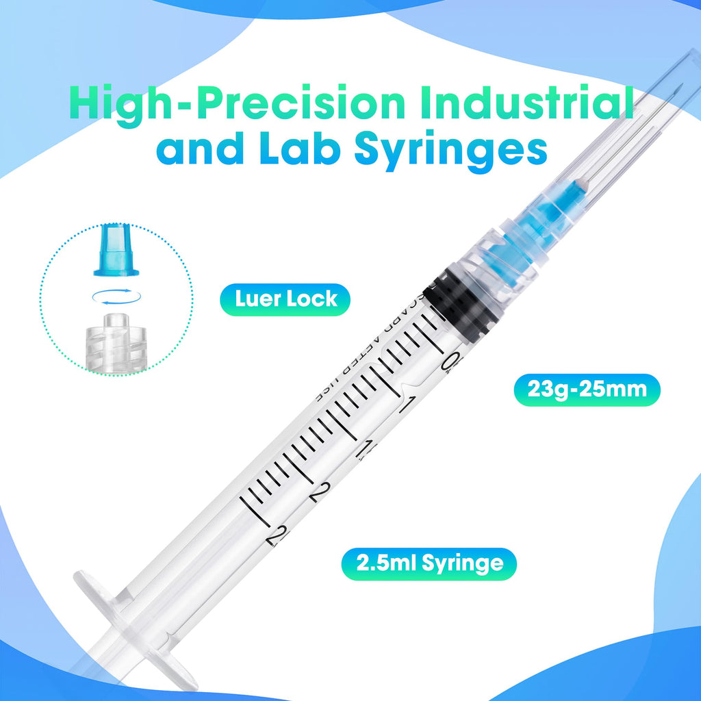 Meterbox 100 Pack 2.5ml Syringes with Needle - 23G 1 inch Disposable 2.5cc Luer Lock Syringe for Scientific Lab Use, Sterile Individually Wrapped