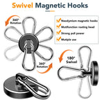 MIKEDE Strong Magnetic Hooks Heavy Duty, 200LBS+ Black Swivel Neodymium Magnets with Carabiner Hook, Hooks for Hanging, Curtain - 4 Pack