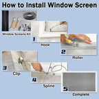 King&Charles Window Screen Door Repair/Replacement Kit, Include Black Screen Mesh 48"x118"+ 2 Roller+50Ft Spline+8Clips+Hook, 6 in 1 Window Mesh Kit, Steel/Nylon Bearing Roller