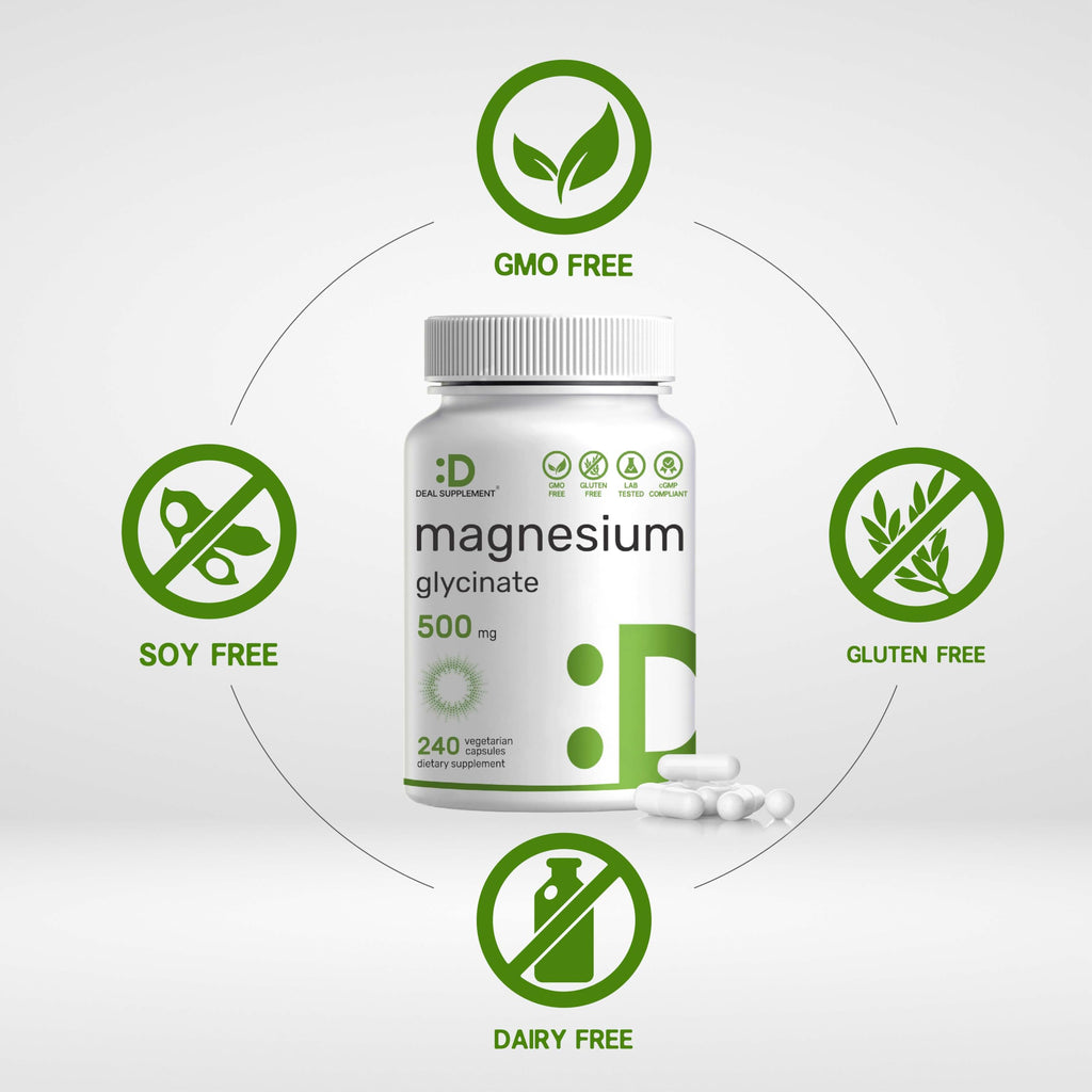 Deal Supplement Magnesium Glycinate 500mg, 480 Veggie Capsules | 100% Chelated for Easy Absorption | Essential Mineral Supplement | Non-GMO, Gluten-Free