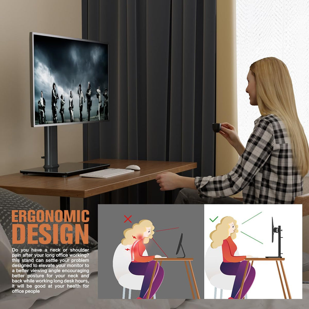 Single LCD Computer Monitor Free-Standing Desk Stand Mount Riser for 13 inch to 32 inch screen with Swivel, Height Adjustable, Rotation, Vesa Base Stand Holds One (1) Screen up to 77Lbs(HT05B-001))