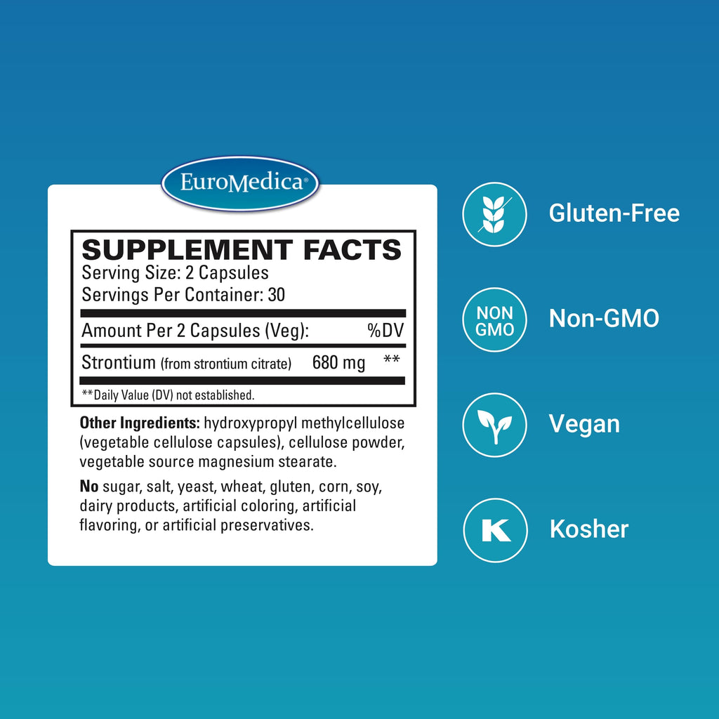 EuroMedica Strontium - Bone Health & Strength Support Supplement - Dietary Supplement with Vegan Capsules - Health Supplement with Strontium Citrate for Superior Absorption - 60 Capsules