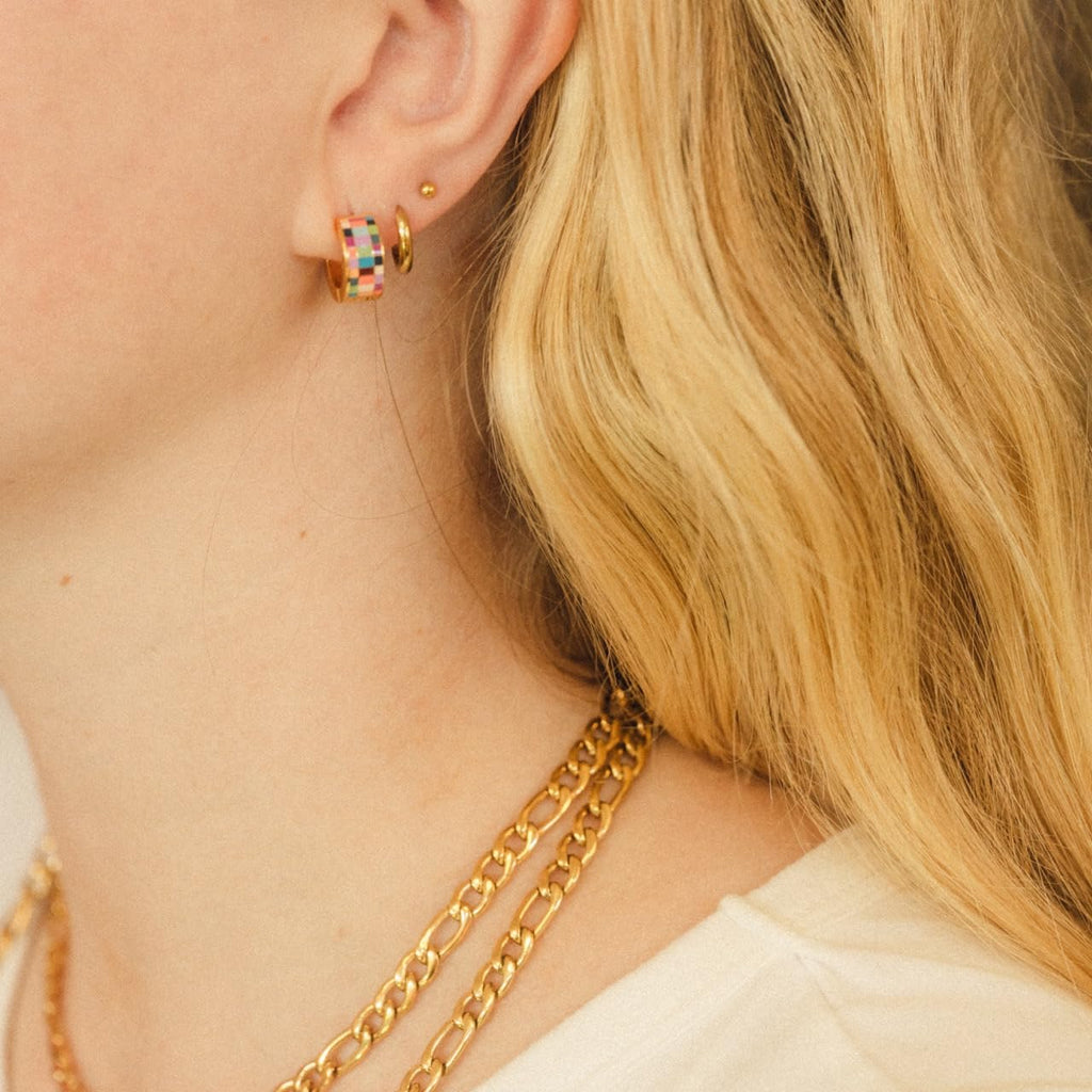 Oh Clementine Super Chunky Checkered Rainbow Huggie Hoop Adjustable Clasp Earrings for Women- 316L Stainless Steel with 18k PVD Gold Coating
