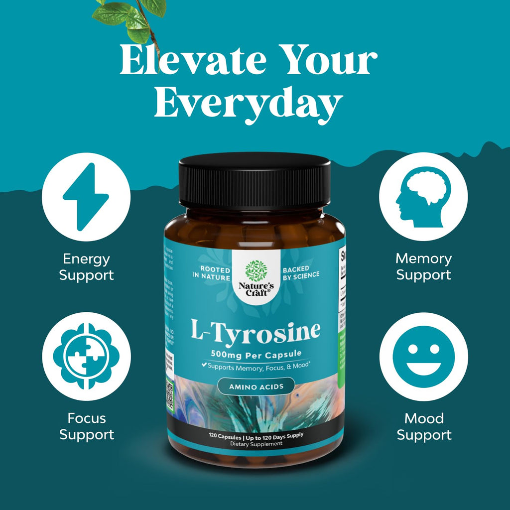 Free Form L Tyrosine 500mg Capsules - High Strength L-Tyrosine Supplement for Mental Energy and Focus Support - Amino Acid Nootropic Supplement for Mood Focus Attention and Cognitive Performance
