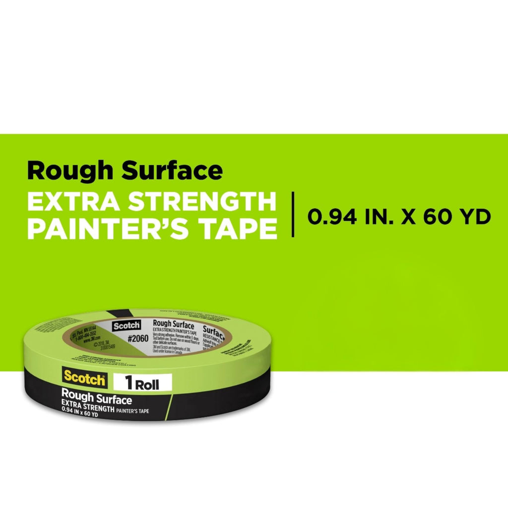 Scotch Rough Surface Painter's Tape 2060-24AR-BK, 0.94 in x 60.1 yd (24mm x 55m), Green, 3 Rolls, Clean Removal, No Residue, Textured & Hard-to-Stick Surfaces