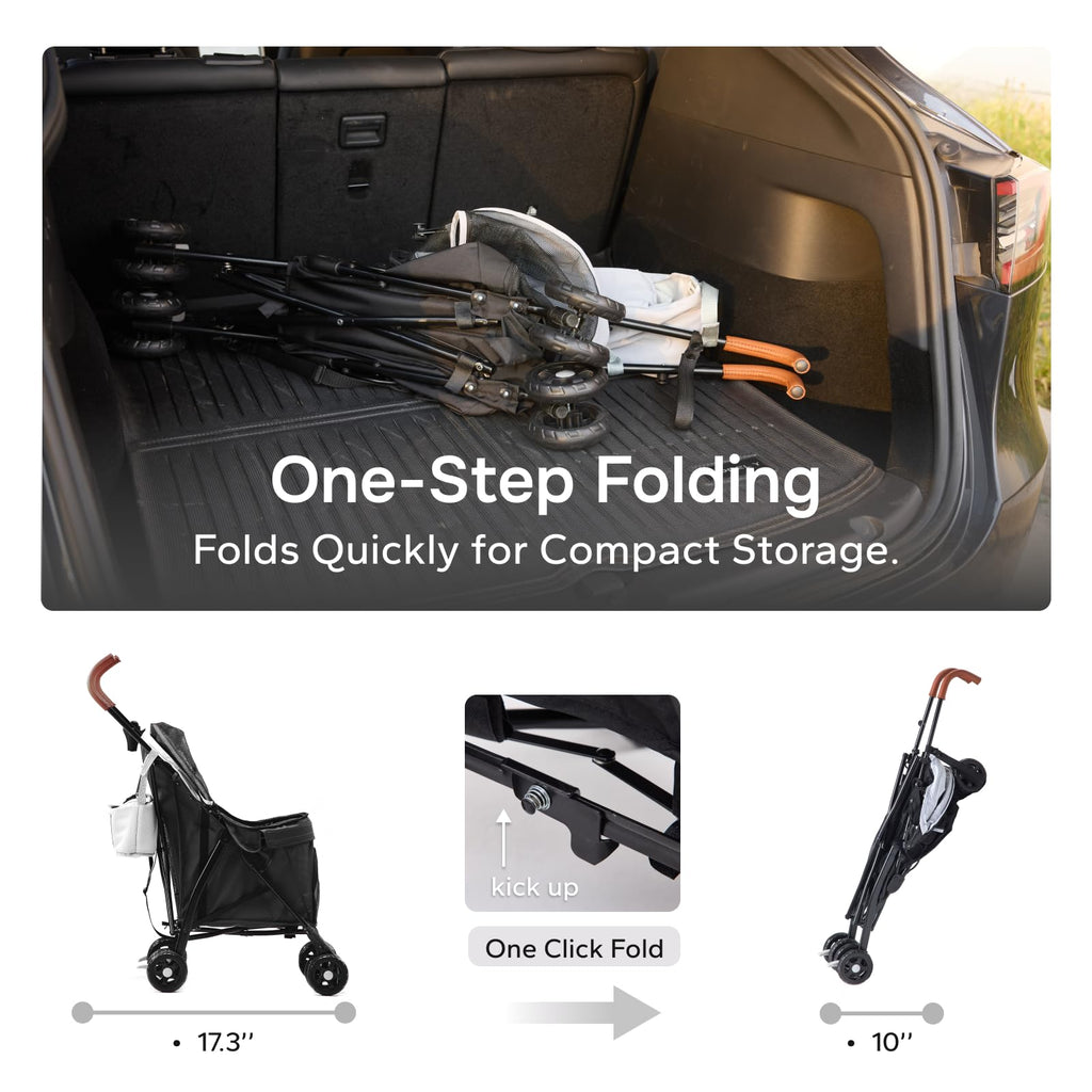 TerraPede 10lbs Ultra-Lightweight Pet Stroller - Compact Folding Umbrella Stroller with Durable Shoulder Strap, 3-Compartment Organizer & Cup Holder - Portable Dog Cat Travel Carriage, Dark Gray