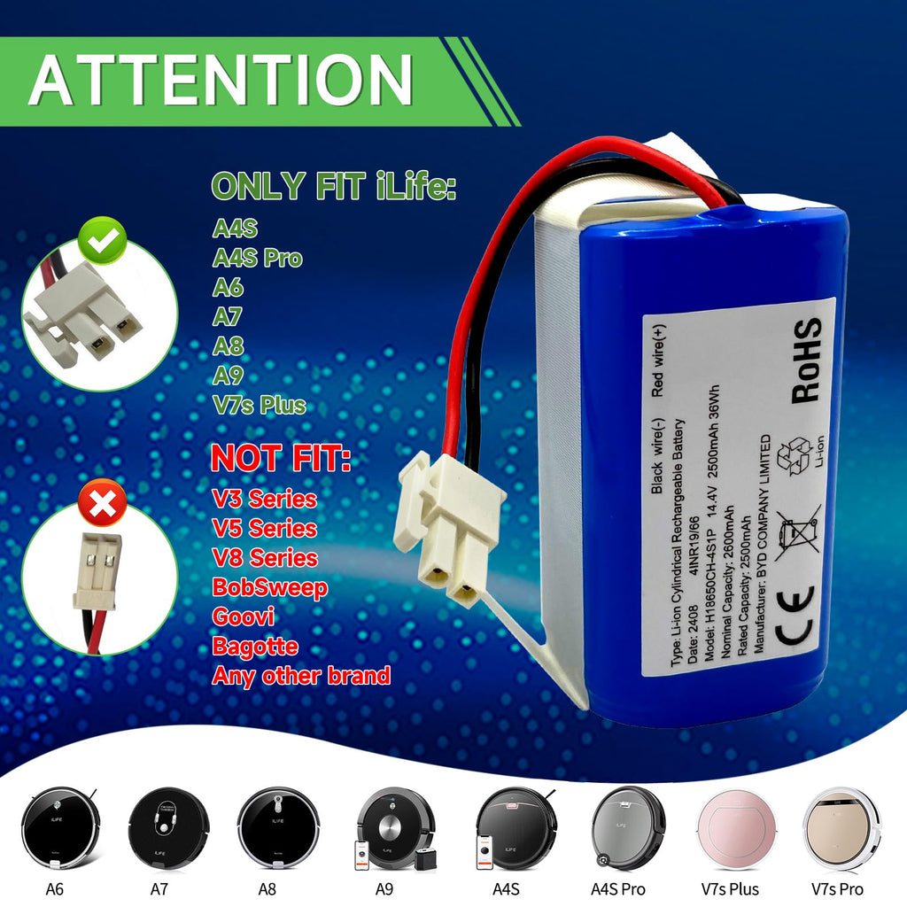 Replacement Battery for ILIFE A4s, A4s pro, A6, A7, A8, A9 Vacuum Cleaner, 2600mAh, 14.4v/14.8v; (OEM: BYD. Attention The Side Hook Connector); NOT fit for iLife V3, V3s, V3s Pro, V5, V5s, V5s Pro, V8