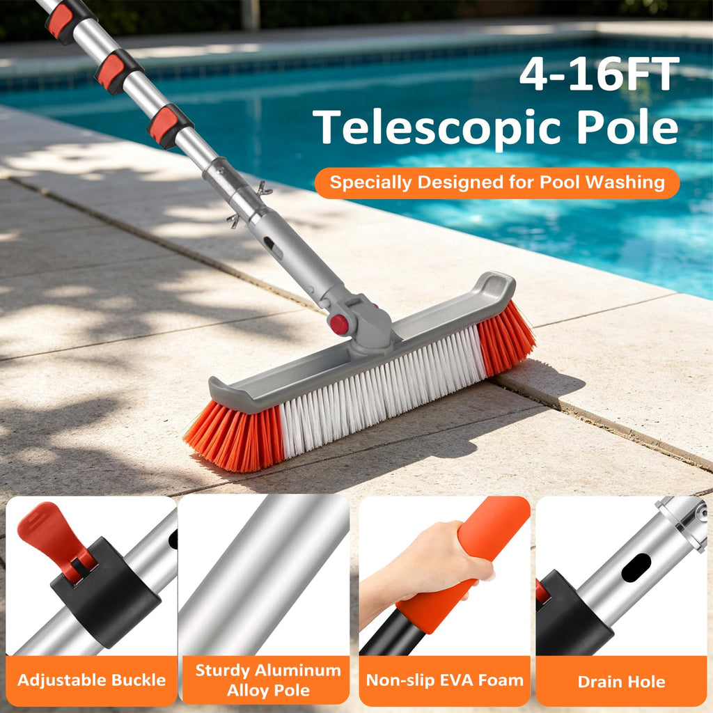 16FT Pool Brush with Pole, 19" Heavy Duty Swimming Pool Brush with 4-16FT Aluminum Telescopic Pole, Pool Scrubber Brush Head with Universal Adapter for Cleaning Pool Walls, Corners, Floors