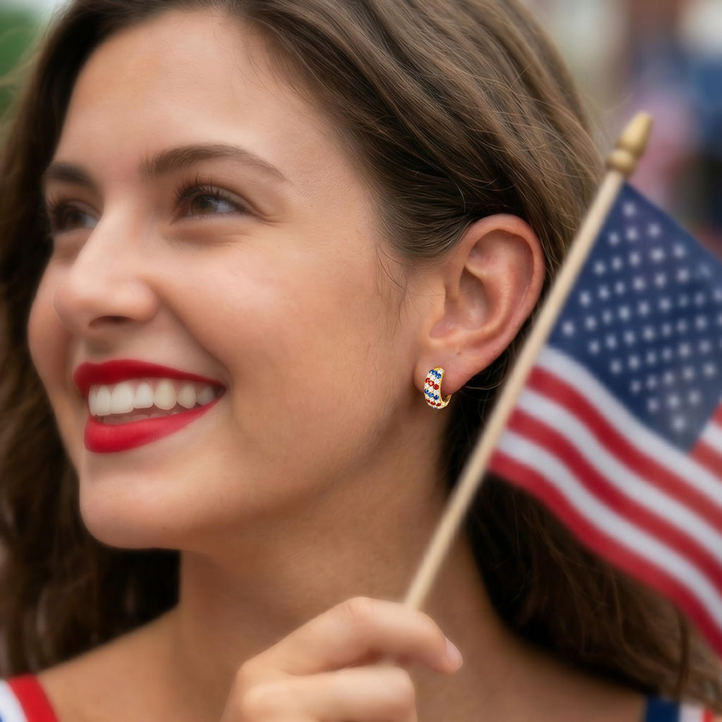4th of July Independence Day Patriotic Hoop Earrings for Women, 250th Anniversary American Flag Red White Blue Usa earrings Cubic Zirconia Chunky 14K Gold Thick Small Huggie Hoops Non Tarnish Jewelry
