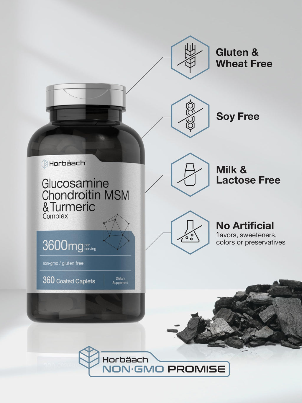 Horbäach Glucosamine Chondroitin MSM | 360 Caplets | Advanced Formula with Turmeric | Non-GMO, Gluten Free