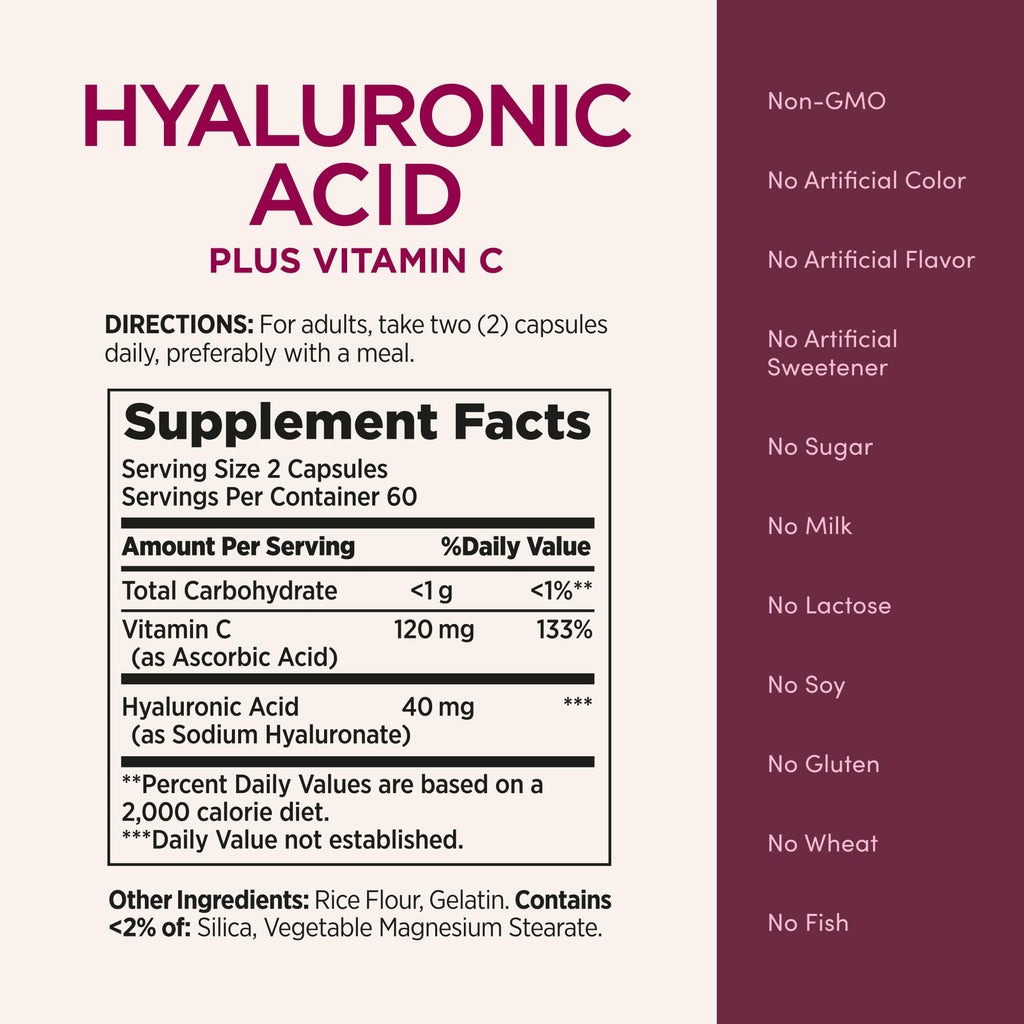 Nature's Bounty Vitamin C and Hyaluronic Acid Supplement, Supports Glowing Skin, Immune Function & Collagen Production, 120 Capsules - 60 Day Supply, Optimal Solutions Supplements for Skin Health