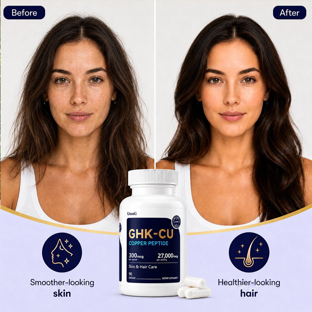 UtonG GHK-Cu Copper Peptide Supplement, Anti-Aging & Hair Growth Support, Improves Skin Elasticity & Firmness, Thicker, Fuller Hair, Easy Absorption, Precisely Dosed, 90 Vegan Capsules