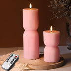 Girimax Pink Ribbed Flameless Pillar Candles with Remote, Flickering LED Candles Battery Operated Real Wax Set of 2