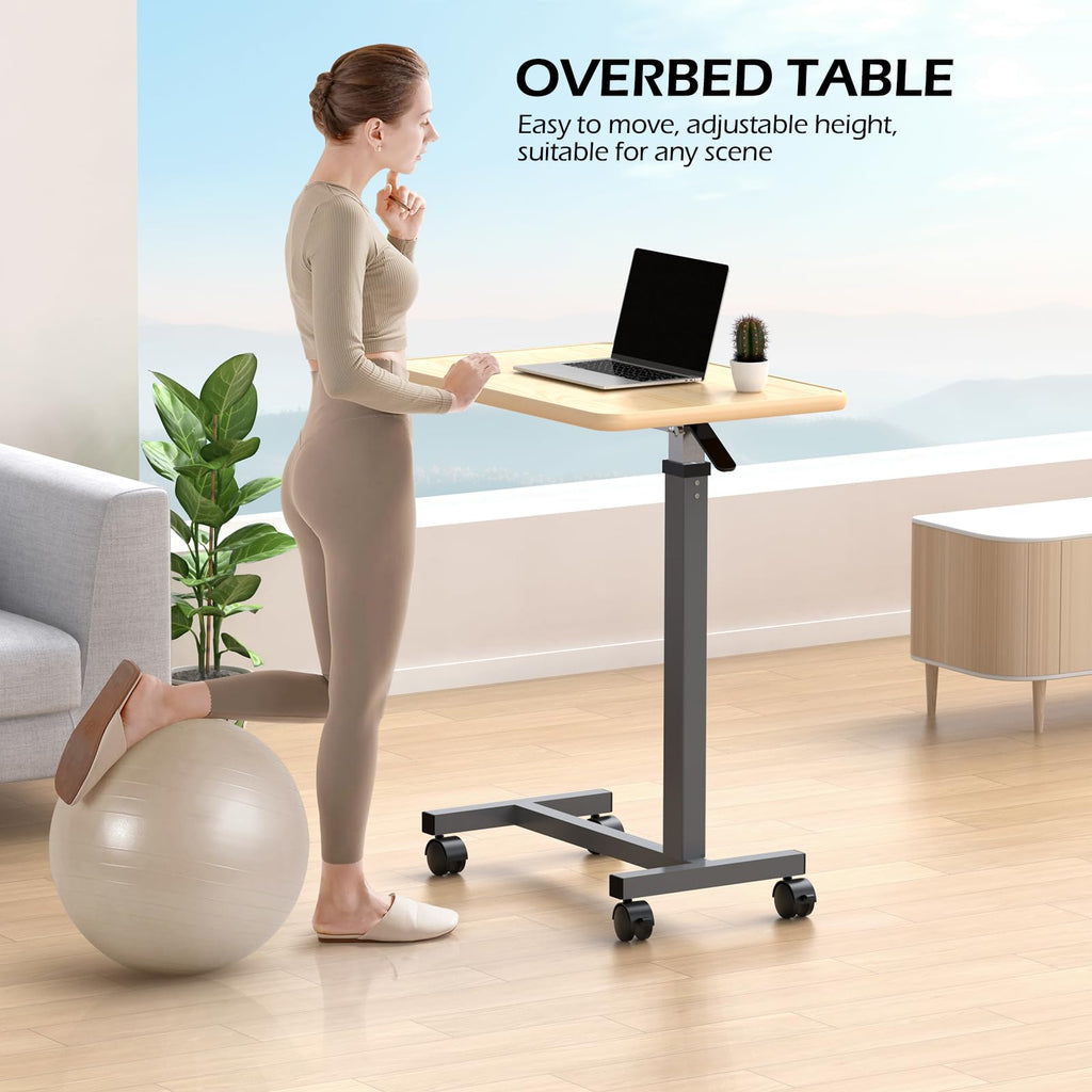 WOTURE Adjustable Overbed Table with Wheels, Bedside Rolling Table, Pneumatic Height Adjustment, Hospital Bed Table on Wheels, Standing Desk, Bedridden & Mobility Needs, Maple