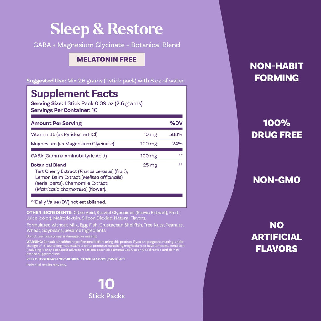 Natrol Sleep + Restore Calming Drink Mix with Magnesium Glycinate, Magnesium Sleep Aid, Melatonin-Free, Lemon Chamomile, 10 Stick Packs