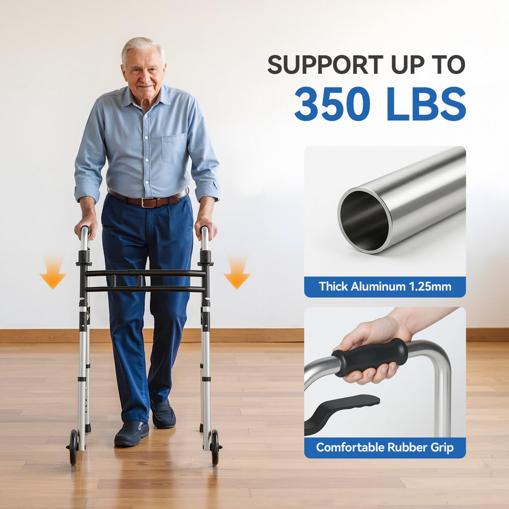 Loyoda Folding Walkers for Seniors，Medical Bariatric Walker Lightweight 5'' Front Wheel Walker Height and Width Adjustable Aluminum Standard Walker for Handicap