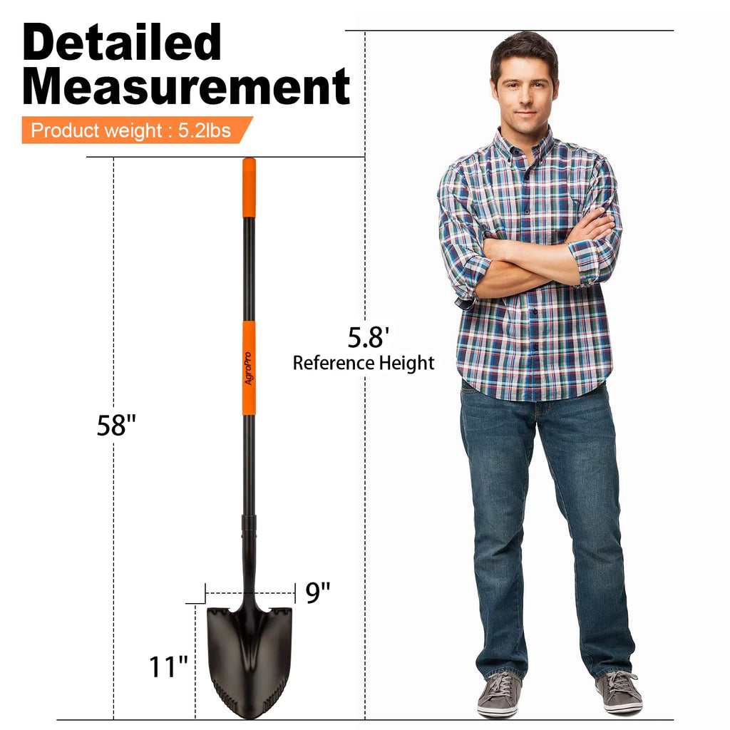 AgroPro Heavy Duty Shovel, 58 Inches, Black, High Carbon Steel, Fiberglass Handle, Modern Style