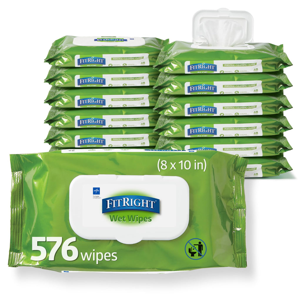 Medline FitRight Aloe Personal Cleansing Cloth Wipes, Scented, 576 Count, 8 x 12 inch Adult Large Incontinence Wipes