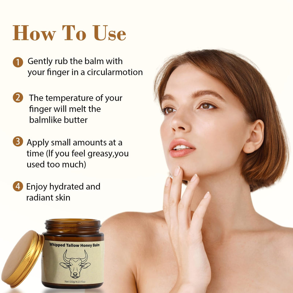 Lopeie Beef Tallow for Skin - Organic Grass Fed Whipped Moisturizer with Honey Balm, Natural Hydrating Cream for Face & Body, Relief for Dry & Sensitive Skin (4.23oz, Unscented)