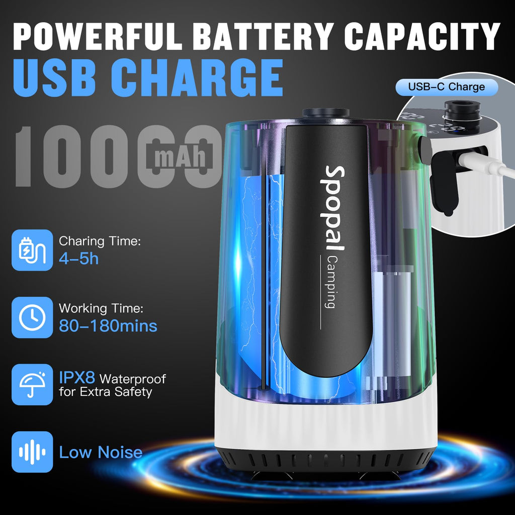 Spopal Portable Shower for Camping, [Upgraded] 10000mAh Rechargeable Camping Shower with 5 Adjustable Speeds,Premium LED Display, IPX8 Waterproof Outdoor Shower Kit for Hiking, Car, Pet, Travel (W)