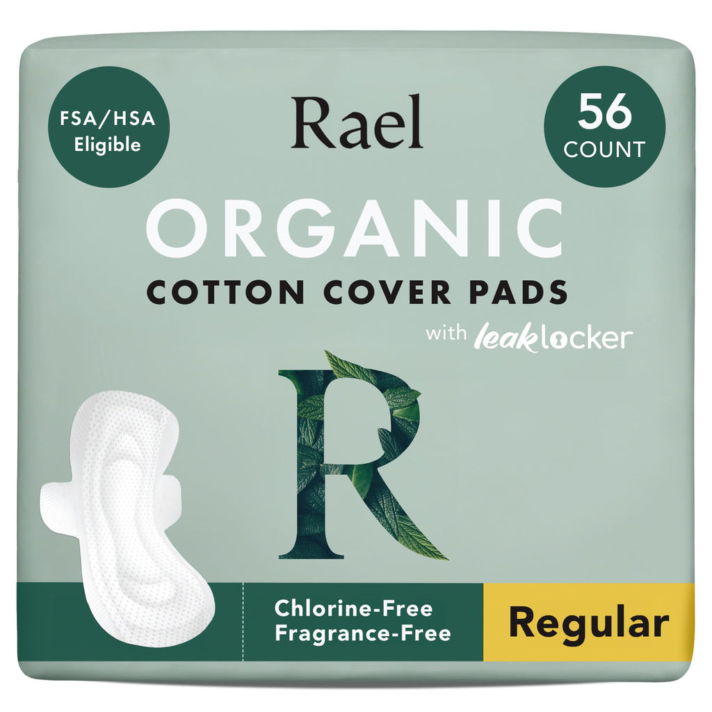 Rael Pads for Women, Organic Cotton Cover - Moderate Absorbency, Feminine Care, Ultra Thin, Sanitary Napkins with Wings, Unscented (Regular, 56 Total)