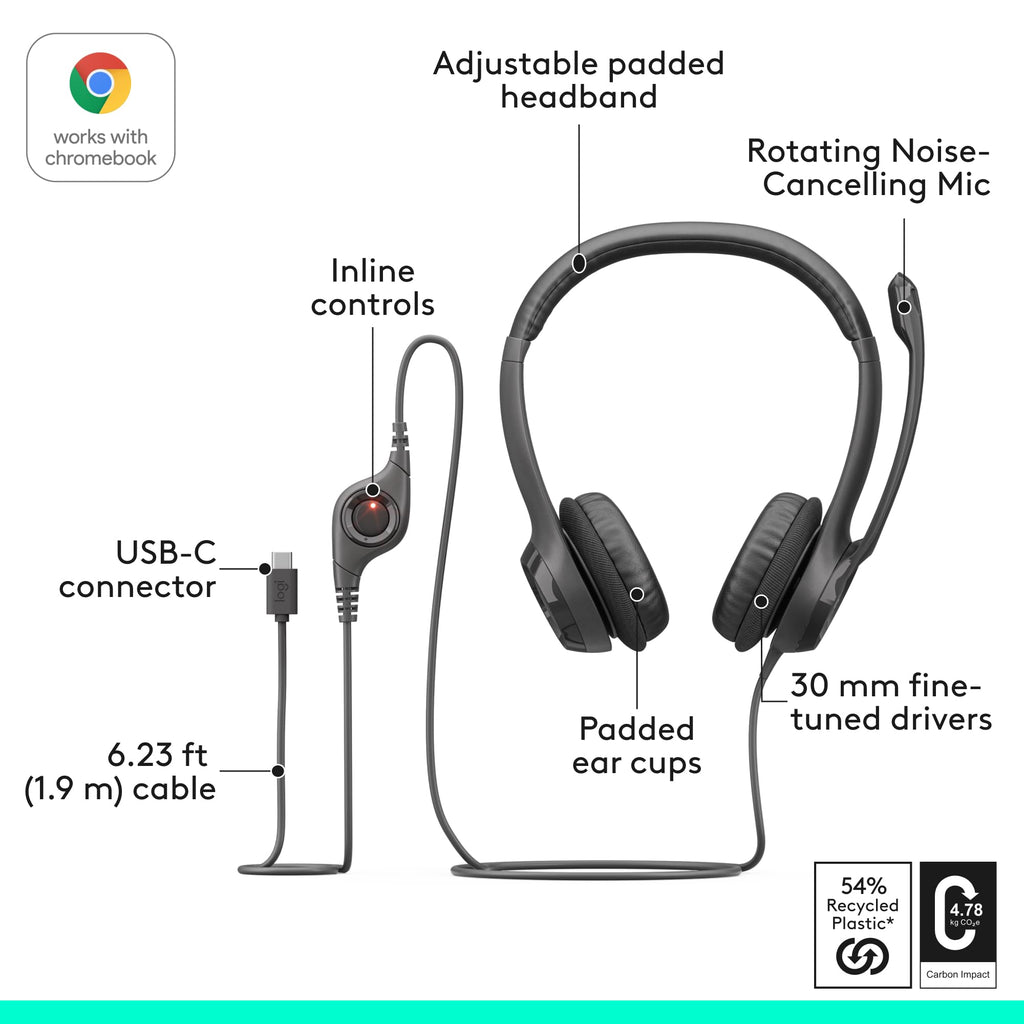 Logitech H391 Wired Headset PC/Laptop Stereo Headphones, USB-C, Graphite