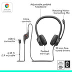Logitech H391 Wired Headset PC/Laptop Stereo Headphones, USB-C, Graphite